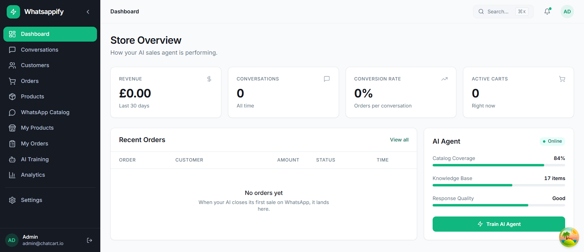 Merchant dashboard: revenue, conversations, orders, AI agent status